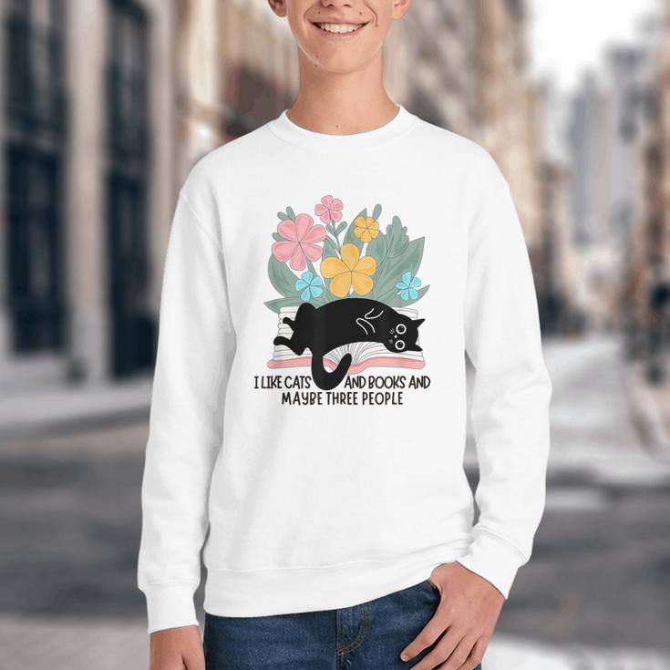 Cat Meme I Like Cats And Books And Maybe Three People Youth Crewneck Sweatshirt