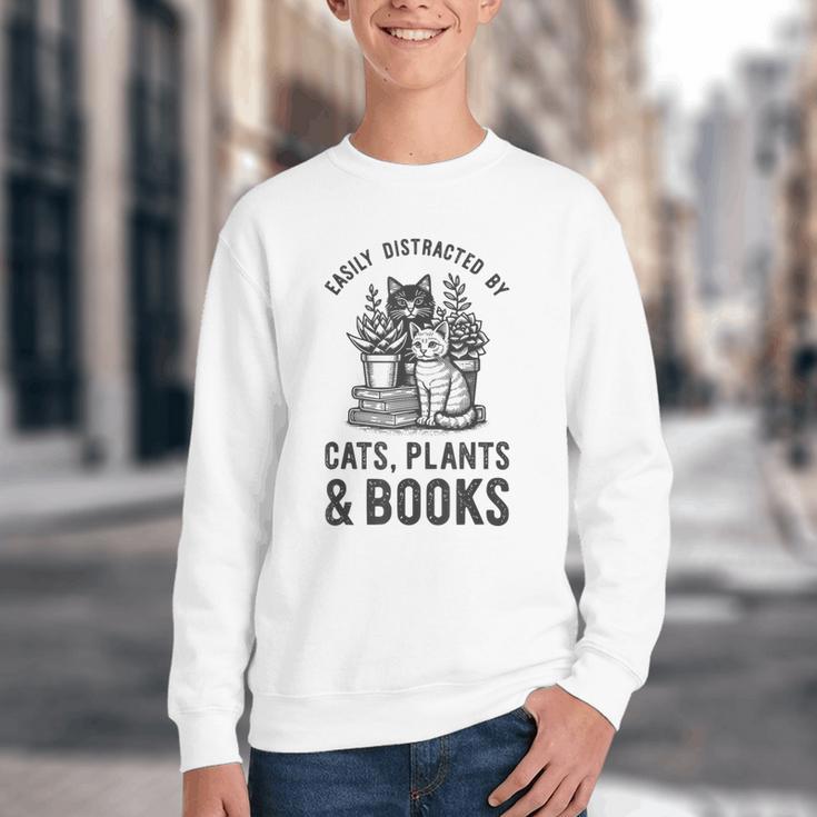 Cats Plants And Books Shirt Plant Lover Gardening Youth Crewneck Sweatshirt