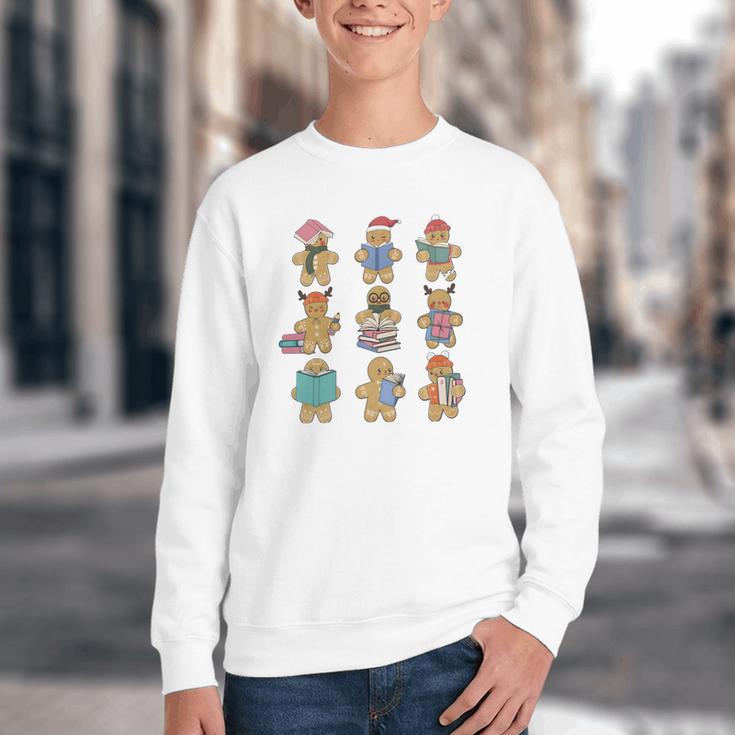 Christmas Library Gingerbread Man Books Lover Bookworm Youth Crewneck Sweatshirt