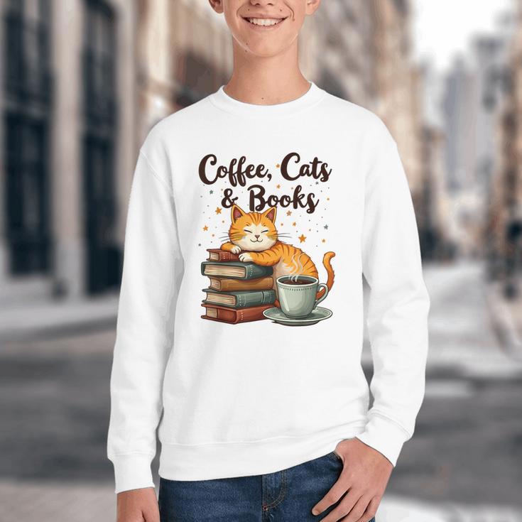 Coffee Cats And Books Lover For Women & Girls Coffee Youth Crewneck Sweatshirt