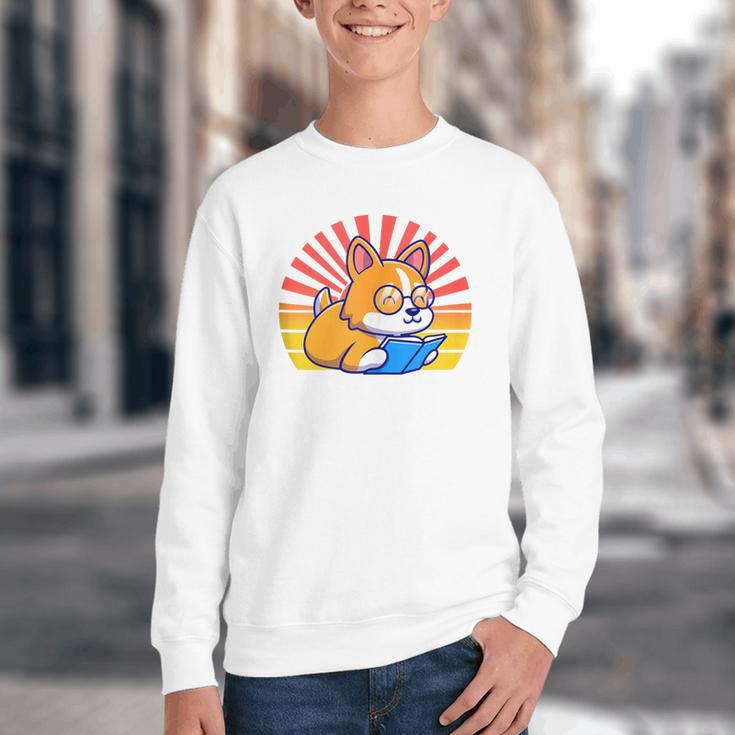 Corgi Dog Reading Book Book Lover Dog Lover Youth Crewneck Sweatshirt