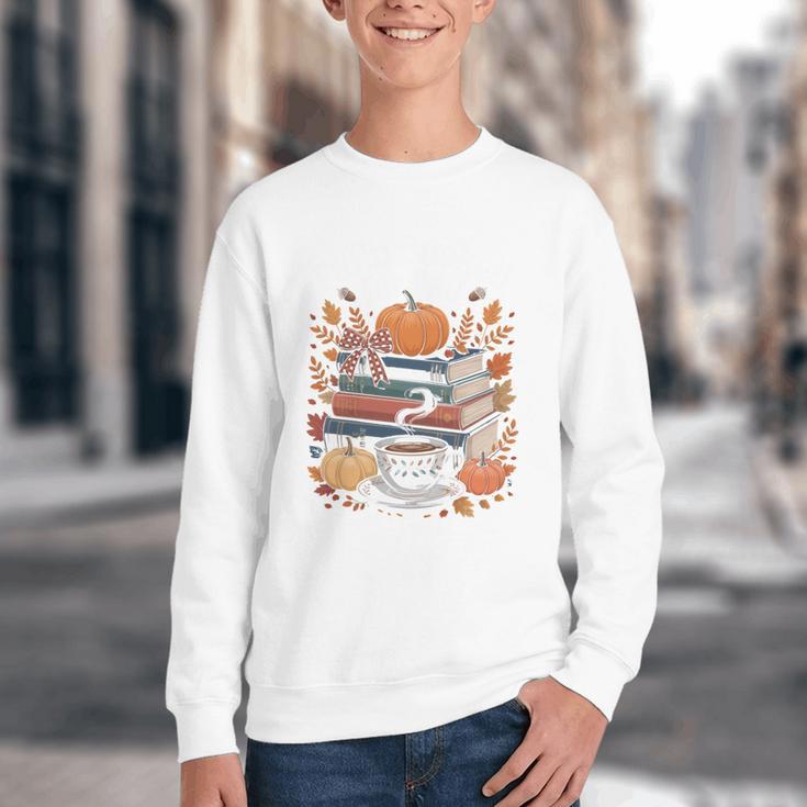 Cozy Autumn Books Fully Booked For Fall Books Pumpkin Youth Crewneck Sweatshirt
