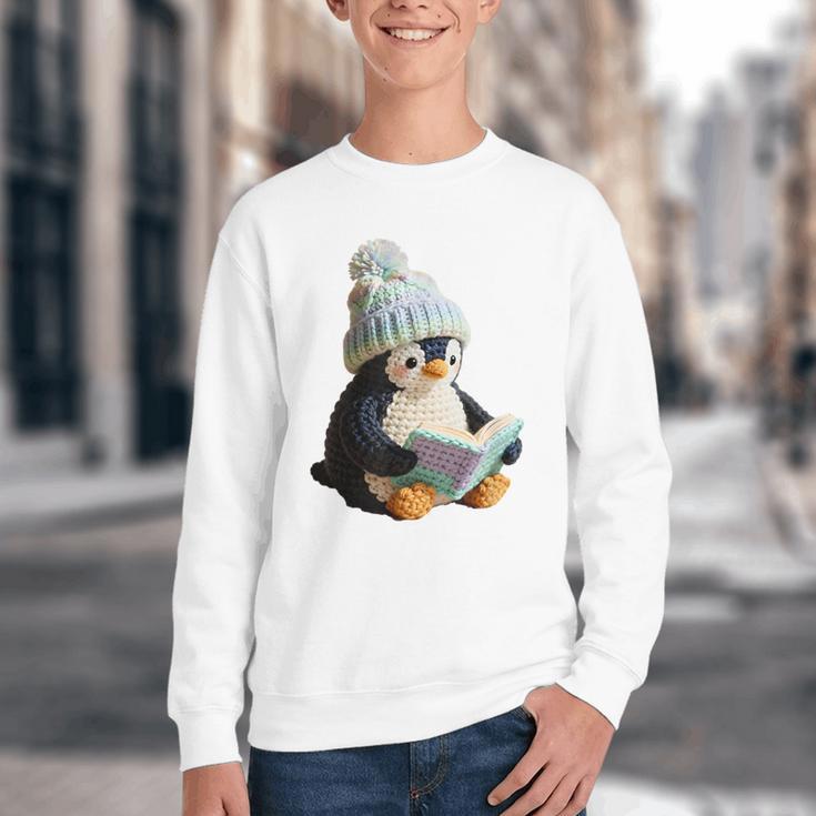 Cute Penguin Reading Book Faux-Crochet Print Youth Crewneck Sweatshirt Cute Penguin Reading Book Faux-Crochet Print Youth Crewneck Sweatshirt