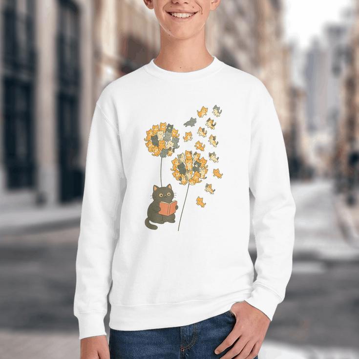 Cute Reading Cat With Kitten Dandelion Flowers Book Lover Youth Crewneck Sweatshirt Cute Reading Cat With Kitten Dandelion Flowers Book Lover Youth Crewneck Sweatshirt