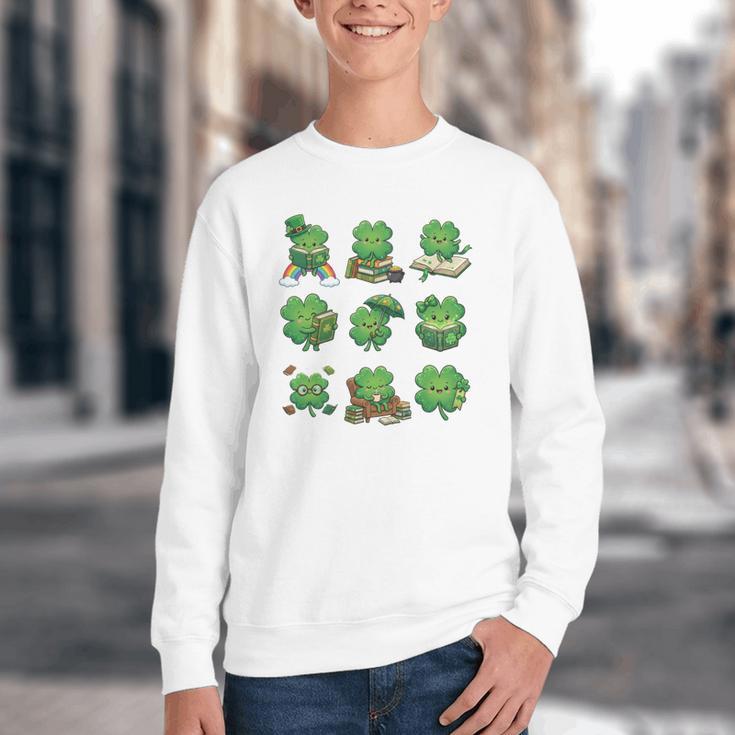Cute Shamrock Reading St Patricks Day Teacher Book Lovers Youth Crewneck Sweatshirt