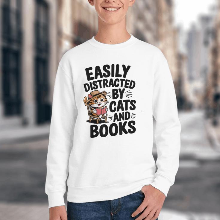 Easily Distracted By Cats And Books Lovers Reading Youth Crewneck Sweatshirt Easily Distracted By Cats And Books Lovers Reading Youth Crewneck Sweatshirt