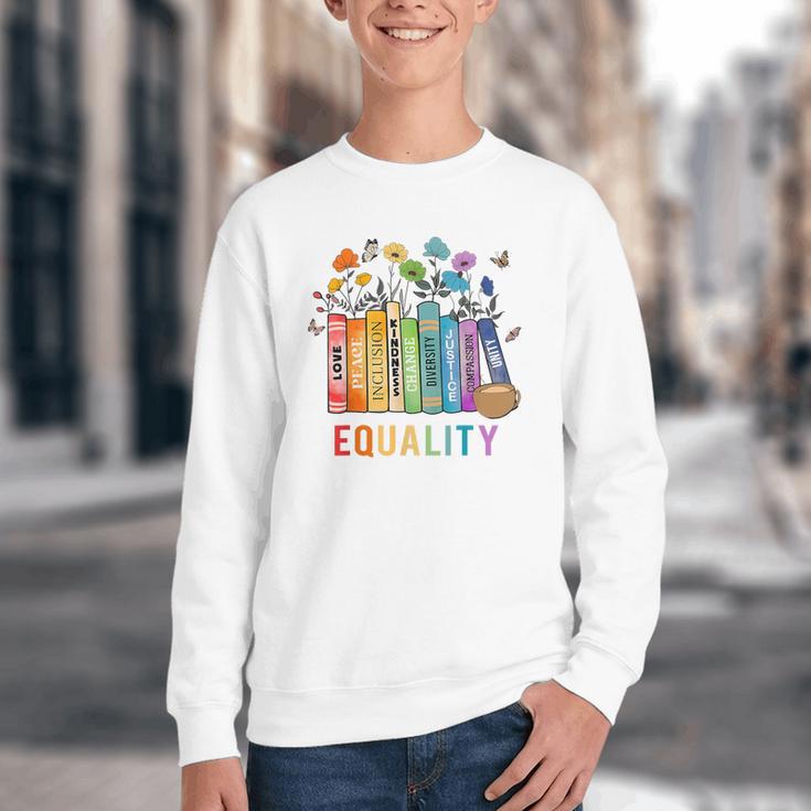 Equal Rights Book Flower Equality Peace Love Kindness Book Youth Crewneck Sweatshirt
