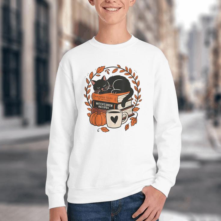 Fall Book Teacher Cat Books Halloween Autumn Librarian Youth Crewneck Sweatshirt