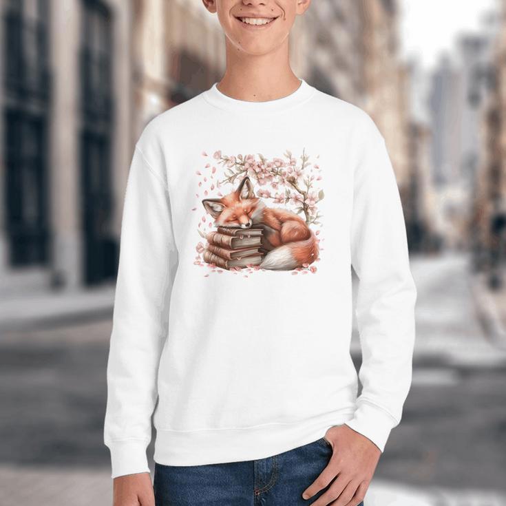 Fox And Book Lover Graphic For Women And Spring Pink Flower Youth Crewneck Sweatshirt