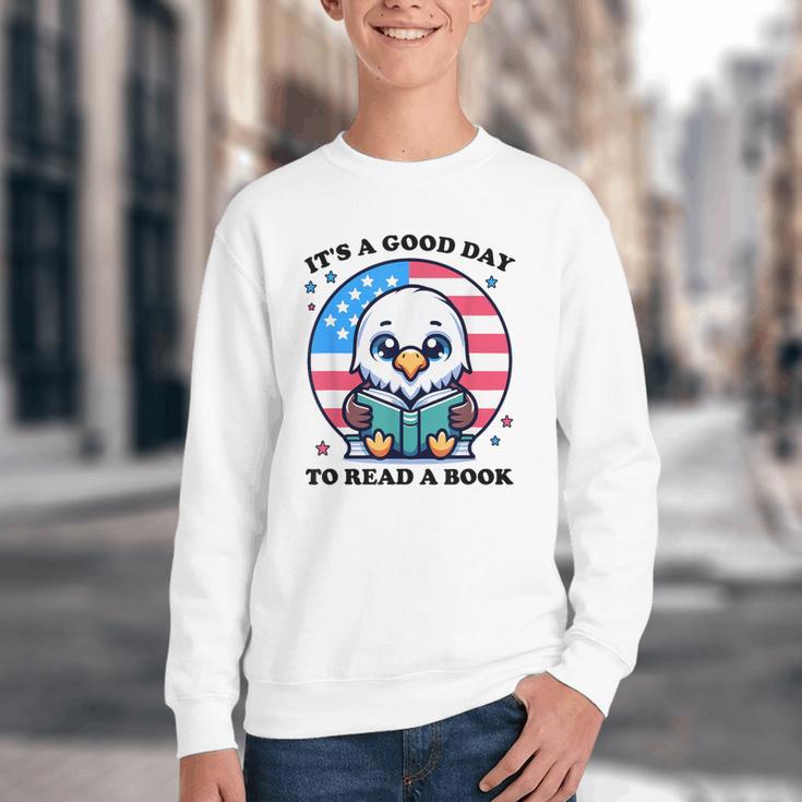 A Good Day To Read a Book Reading Eagle With American Flag Youth Crewneck Sweatshirt