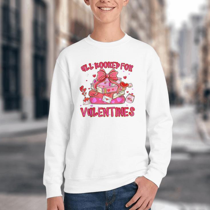 Groovy All Booked For Valentines Books Pink Coquette Bow Youth Crewneck Sweatshirt