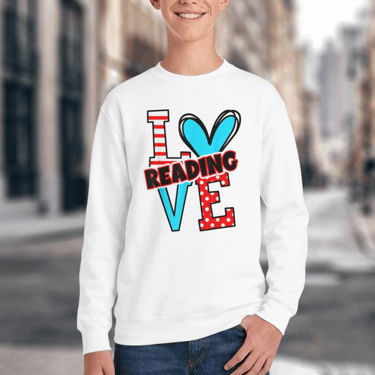 I Heart Books Love Reading Red And Stripe Animated Cat For Men Women Girls Kids Youth Crewneck Sweatshirt
