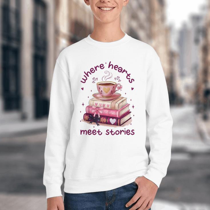 Where Hearts Groovy Meet Stories Coffee Books Valentines Day Youth Crewneck Sweatshirt
