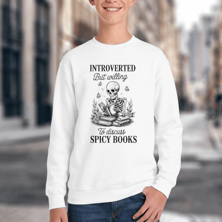 Introvert Read Spicy Books Lover Bookworm Skeleton Reading Youth Crewneck Sweatshirt