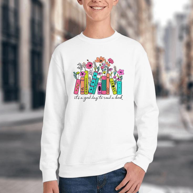 It's A Good Day To Read A Book Floral Book Lovers Librarian Youth Crewneck Sweatshirt
