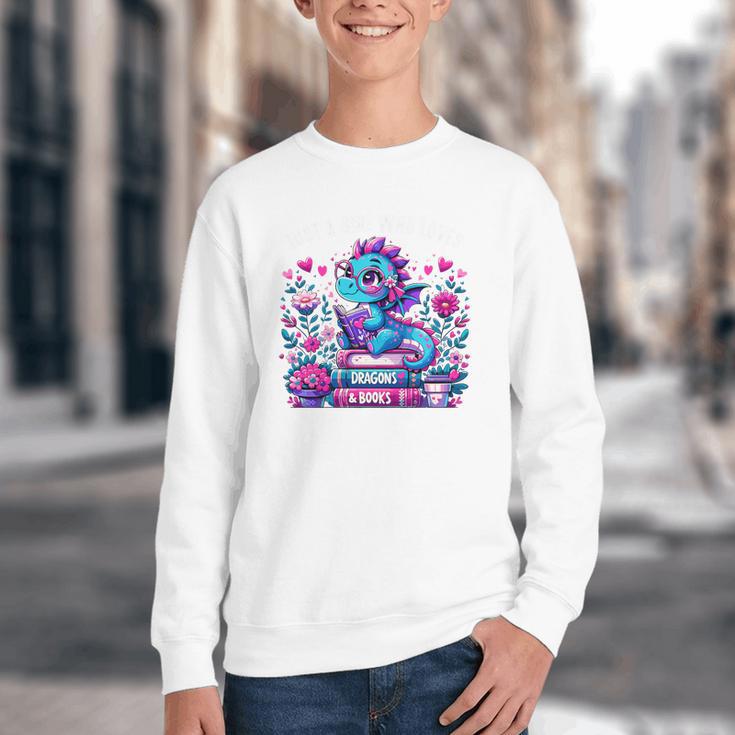 Just A Girl Who Loves Dragons And Books Cute Dragon Reading Premium Tri-Blend Youth Crewneck Sweatshirt
