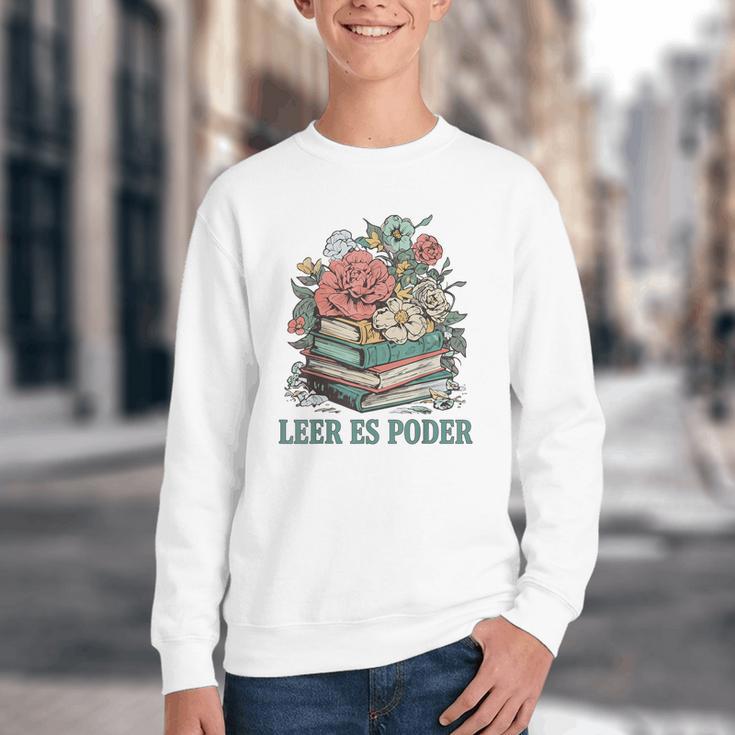 Leer ES Poder Cute Floral Spanish Teacher Book Reading Youth Crewneck Sweatshirt