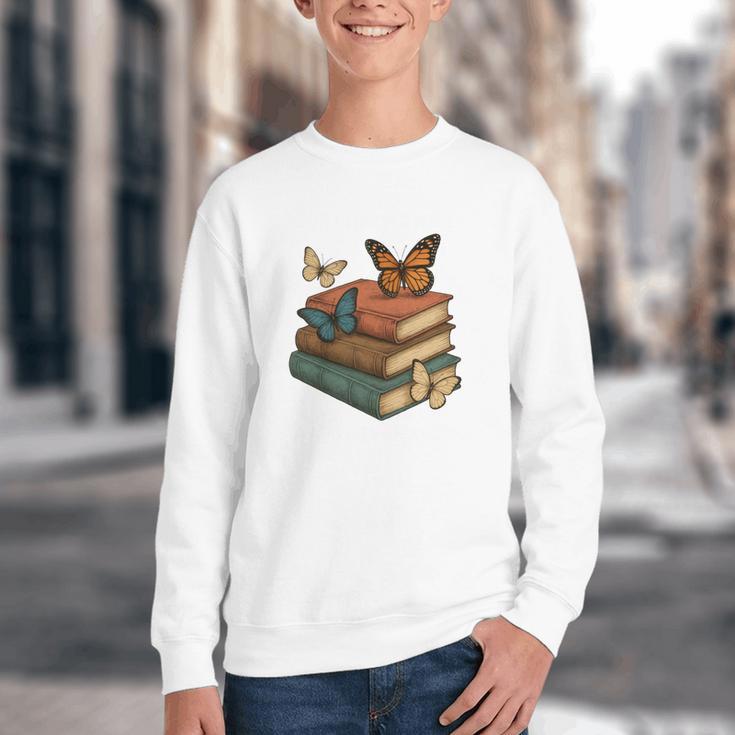 Life Is Better With Butterflies And Books Cute Butterfly Youth Crewneck Sweatshirt