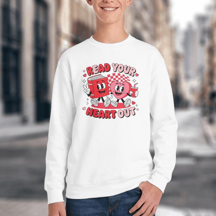 Read Your Heart Out Valentine's Day Retro Teacher Bookish Youth Crewneck Sweatshirt