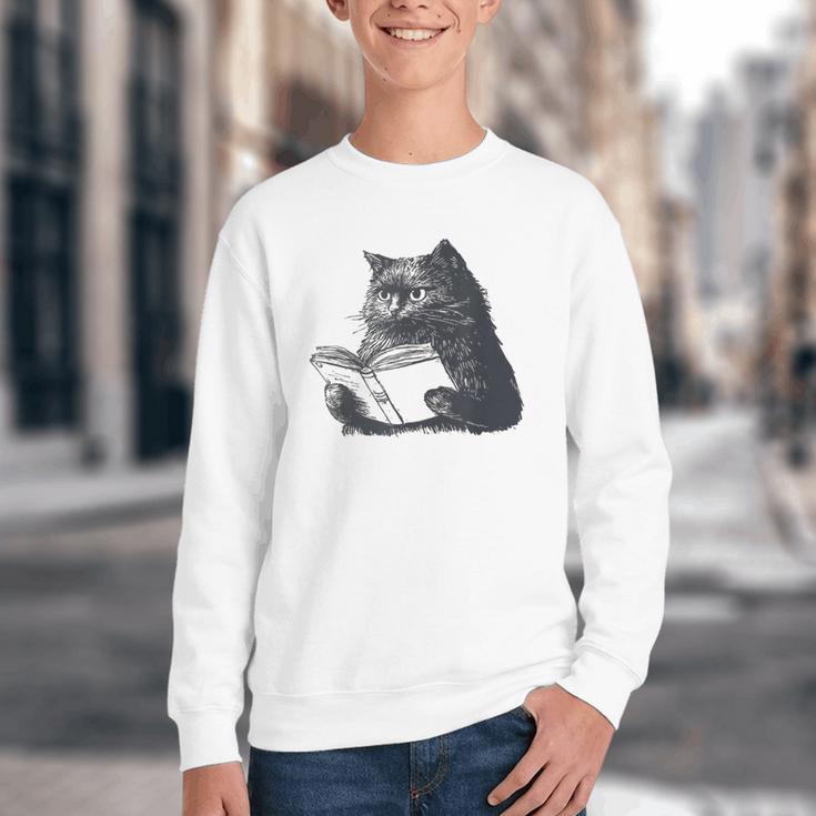 Reading Cat Cat Book Lover Youth Crewneck Sweatshirt
