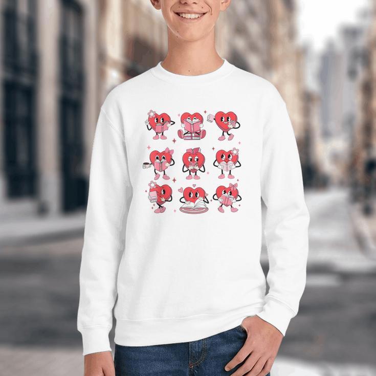 Reading Heart Book Valentines Day Teacher Women Girl Youth Crewneck Sweatshirt