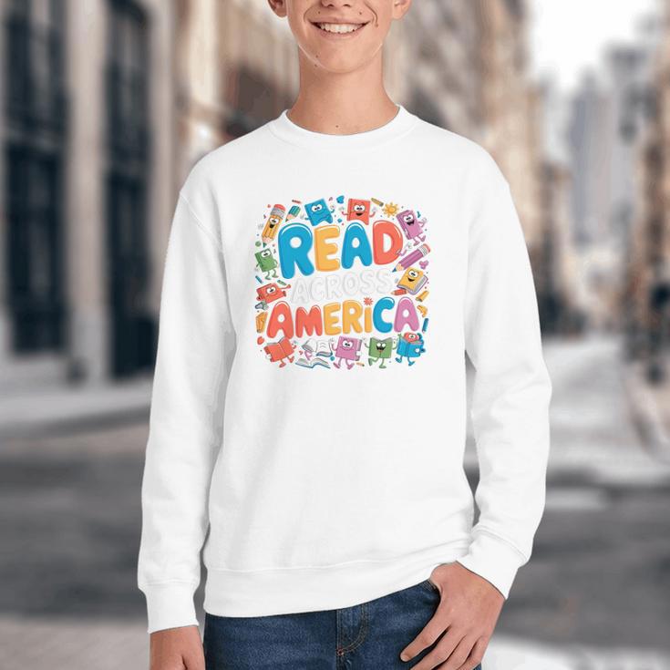 Reads Across Tee America Reading Teacher Books Reader Kids Youth Crewneck Sweatshirt