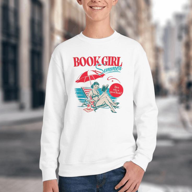 Retro Book Girl Summer For Women Beach Reading Youth Crewneck Sweatshirt Retro Book Girl Summer For Women Beach Reading Youth Crewneck Sweatshirt