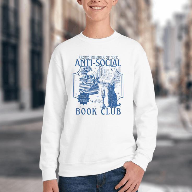 Sarcastic Anti Social Book Club Cat Skull Book Lover Youth Crewneck Sweatshirt