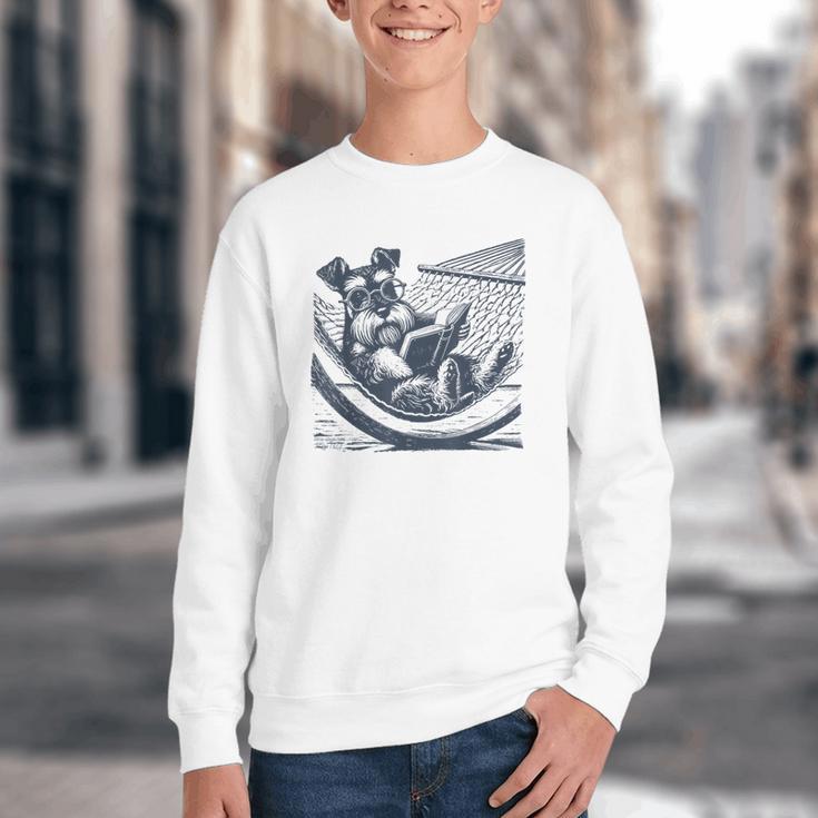 Schnauzer Hammock Reading Book Schnauzer Glasses Youth Crewneck Sweatshirt