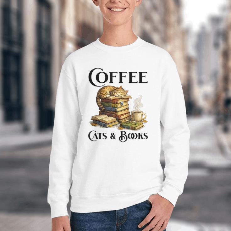 Sleeping Cat And Books With Coffee Lover Youth Crewneck Sweatshirt