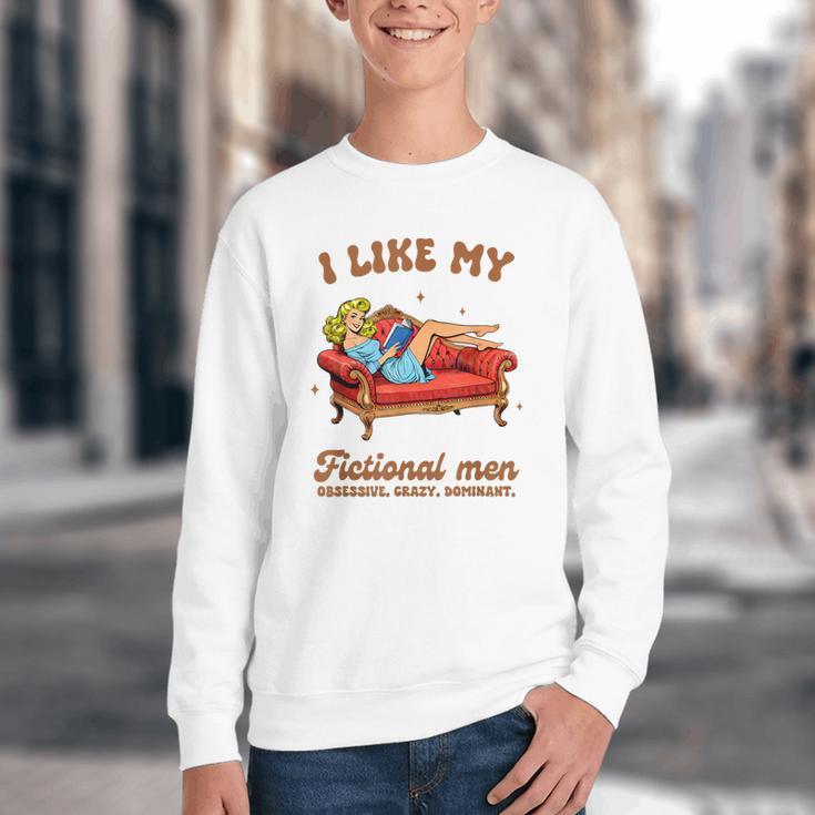 Smutty Book Lover I Like My Fictional Men Spicy Book Youth Crewneck Sweatshirt