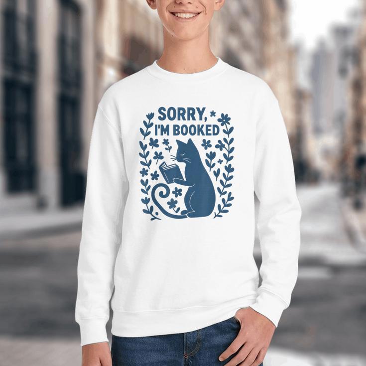 Sorry I'm Booked Cat Reading Book Boho Flowers Vintage Youth Crewneck Sweatshirt