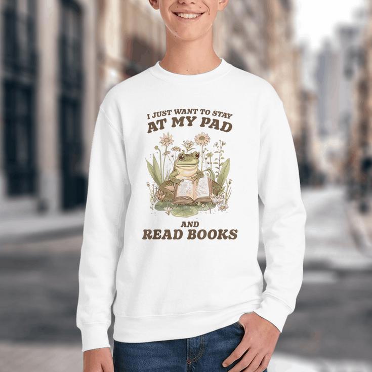 Stay At My Pad And Read Books Frog Introvert Reading Youth Crewneck Sweatshirt