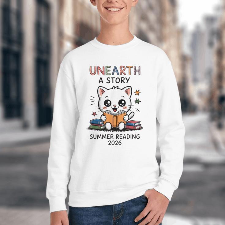Unearth a Story Cute Kitten Summer Reading 2026 Cat Book Youth Crewneck Sweatshirt