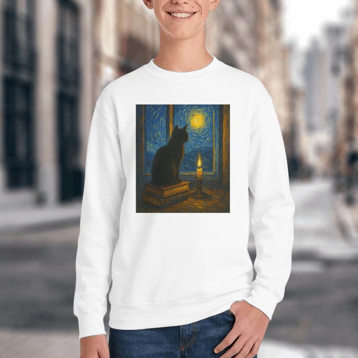 Van Gogh Starry Night Art Cat And Book Lovers Premium Tri-Blend Youth Crewneck Sweatshirt