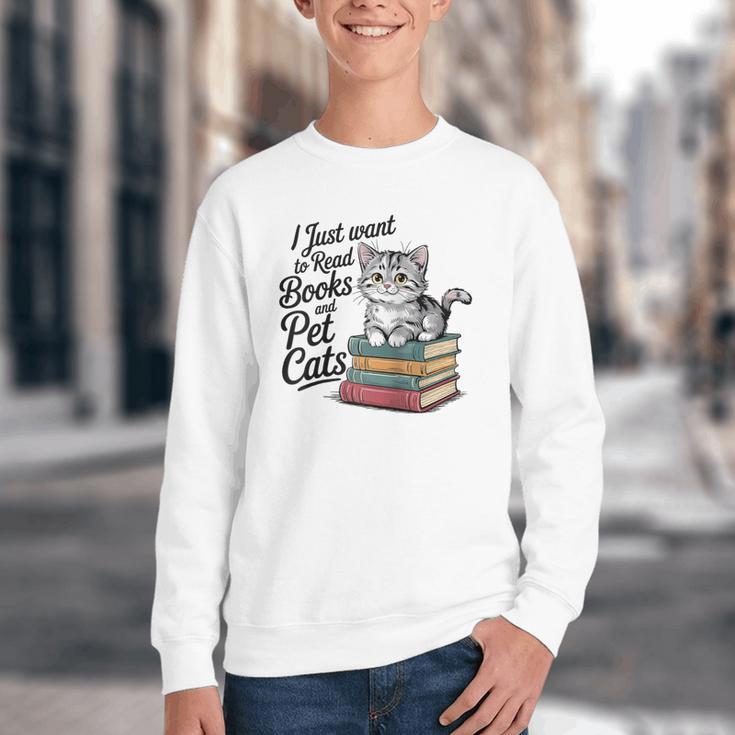 Vintage I Just Want To Read Books And Pet Cats Cat Raglan Baseball Tee Youth Crewneck Sweatshirt