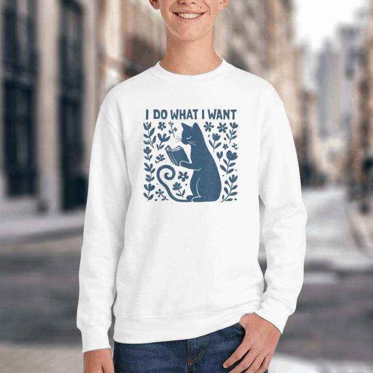 I Do What I Want Cat Reading Book Boho Flowers Vintage Youth Crewneck Sweatshirt