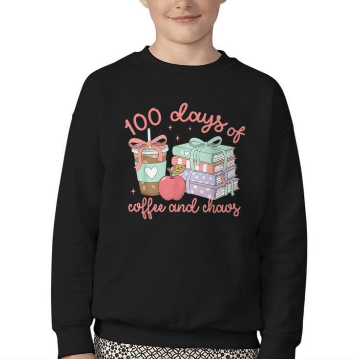 100 Days Of Coffee And Chaos Coquette Bow Book Apple Youth Crewneck Sweatshirt