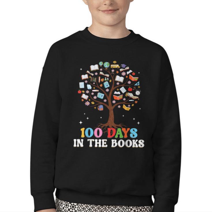 100 Days Of School 100th Day In The Books Reading Teacher Youth Crewneck Sweatshirt