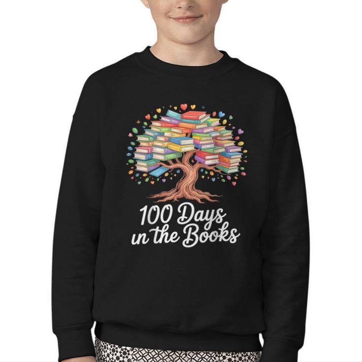 100th Day Of School Books Tree Reading Youth Crewneck Sweatshirt