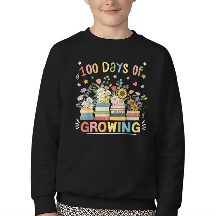 100th Day Of School Teacher Floral Books 100 Days Of Growing Youth Crewneck Sweatshirt