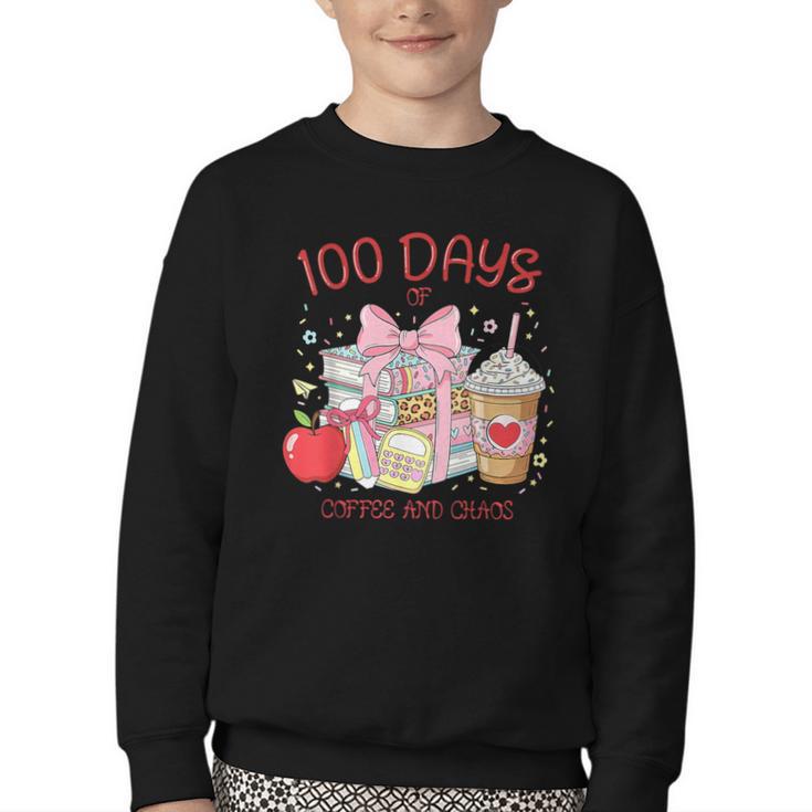100th Day Of School Teachers 100 Days Of Coffee Chaos Books Youth Crewneck Sweatshirt