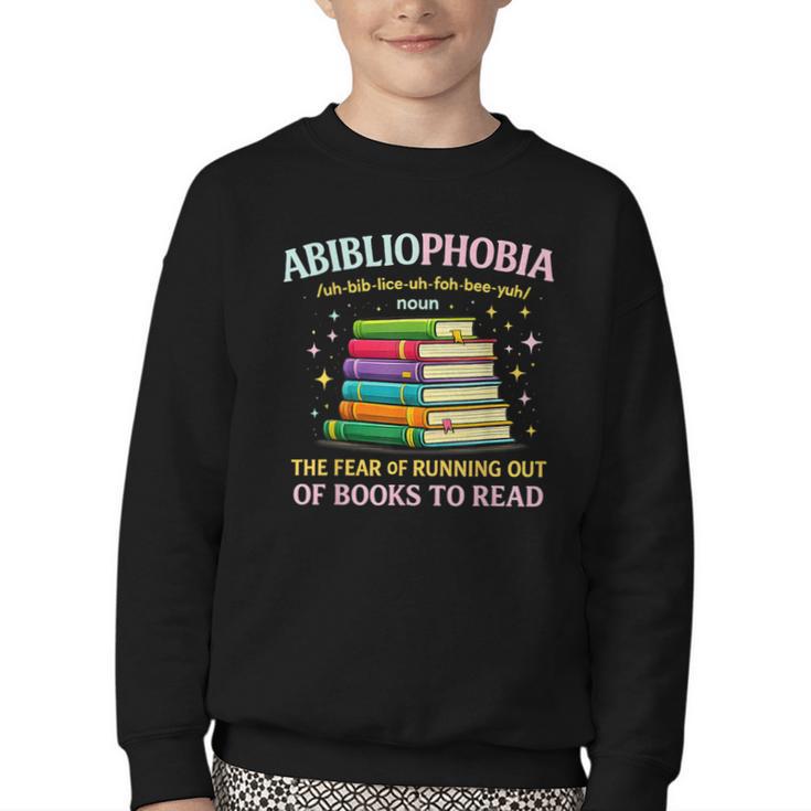 Abibliophobia Bibliophilia Abibliophobia Book Lovers Youth Crewneck Sweatshirt