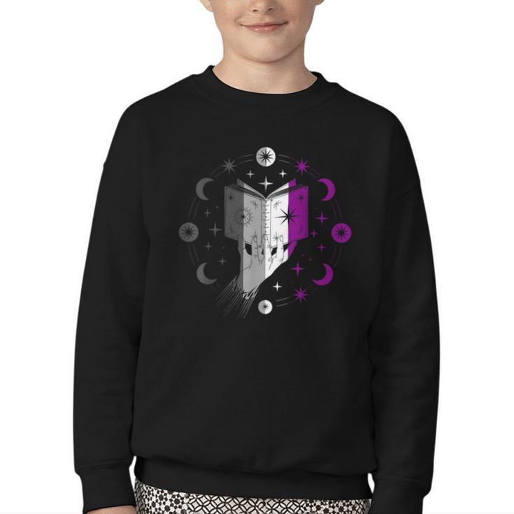 Ace Pride Book With Stars Moons And Magic Hand Youth Crewneck Sweatshirt