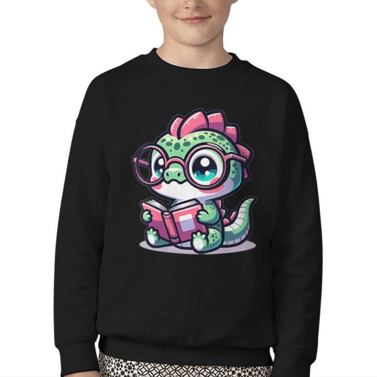 Adorable Book Lover Basilisk With Reading Glasses Cute Youth Crewneck Sweatshirt
