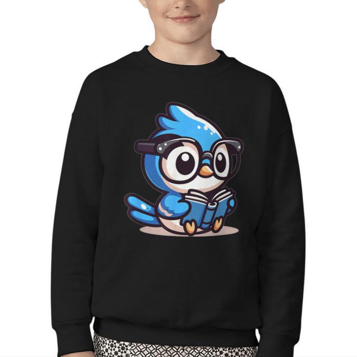 Adorable Book Lover Blue Jay With Reading Glasses Cute Youth Crewneck Sweatshirt
