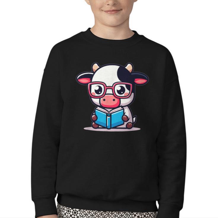 Adorable Book Lover Cow With Reading Glasses Cute Youth Crewneck Sweatshirt