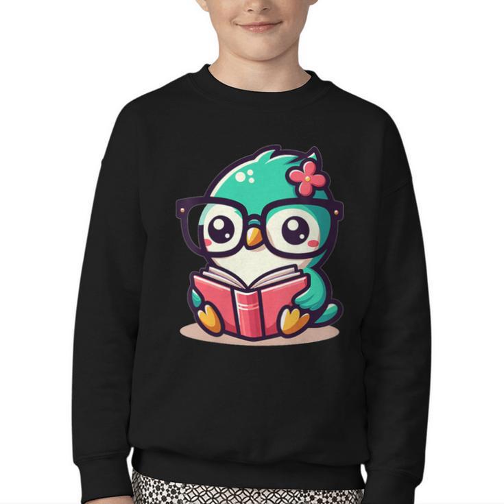 Adorable Book Lover Humming Bird With Reading Glasses Cute Youth Crewneck Sweatshirt