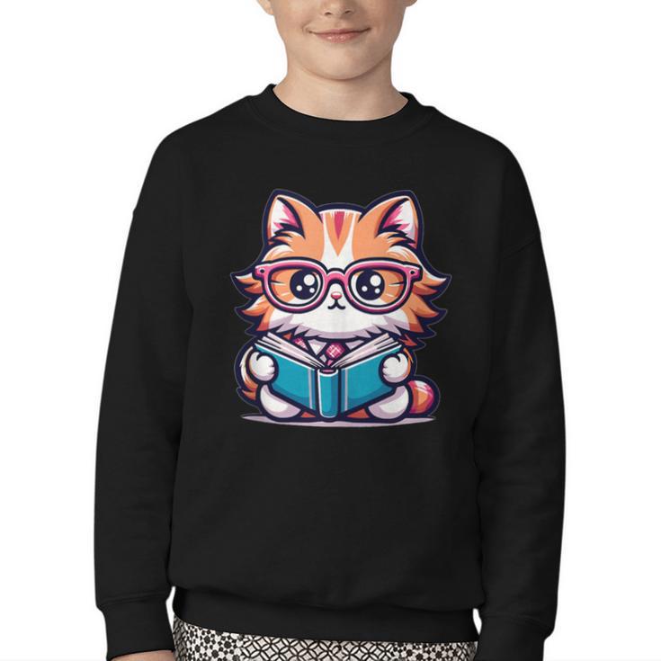 Adorable Book Lover Maine Coon Cat With Reading Glasses Cute Youth Crewneck Sweatshirt