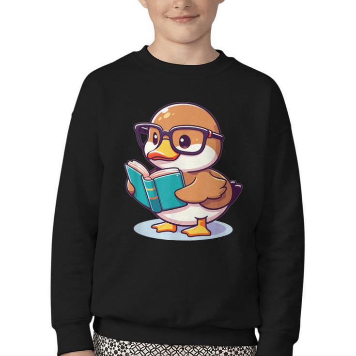 Adorable Book Lover Mallard Duck With Reading Glasses Cute Youth Crewneck Sweatshirt
